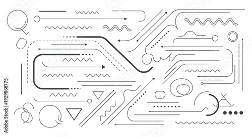 Collection of various abstract line art elements and shapes.