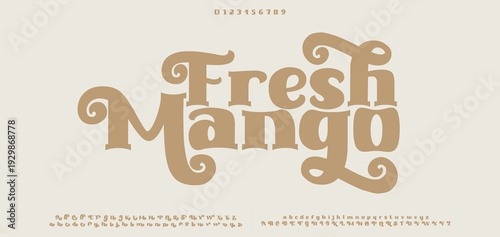 Fresh Mango. Elegant alphabet letters font and number. Classic Copper Lettering Minimal Fashion Designs. Typography fonts regular uppercase and lowercase. vector illustration