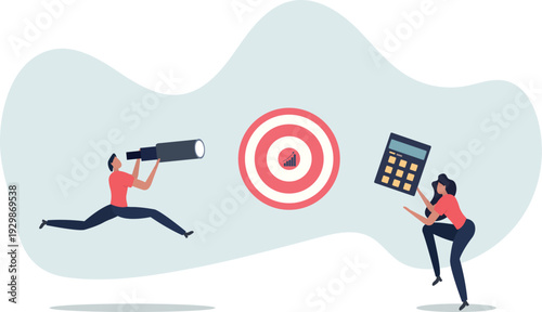 Cartoon tiny people search marketing information, analyze algorithms and statistic data with telescope.person's life situation and his activities.