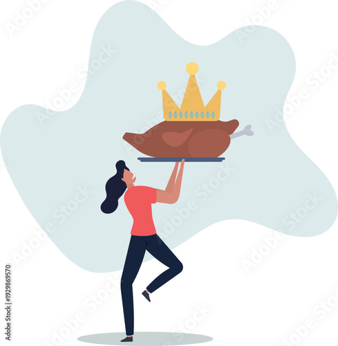 Woman holding tray with royal duck, food and restaurant concept.