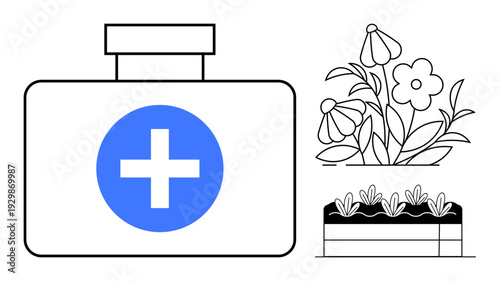 Healthcare, first aid, sustainability, gardening, natural remedies, wellness. First aid kit with blue cross, flowers and plants. Healthcare and natural remedies combined