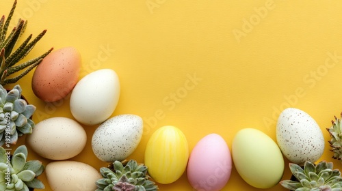 Colorful Easter eggs and succulents arranged along the bottom edge on a bright yellow background with copy space.