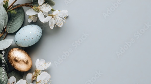 Pastel blue and golden Easter eggs with white spring blossoms and eucalyptus leaves on a light blue background with copy space.