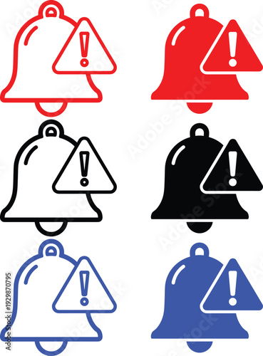Bell notification alert icon collection with exclamation mark warning sign in linear and solid color style