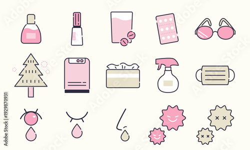 花粉症・アレルギー対策アイコンセット｜症状と予防のベクター素材