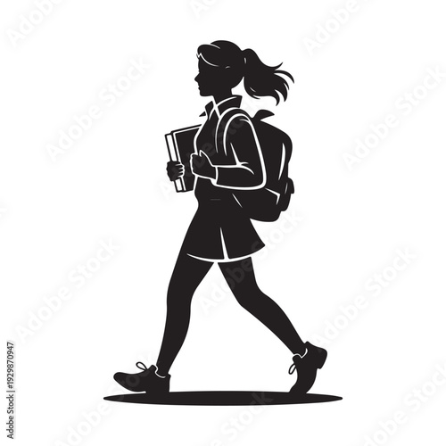 School Girl Silhouette Walking with Books and Backpack, Ready for Learning and Adventure