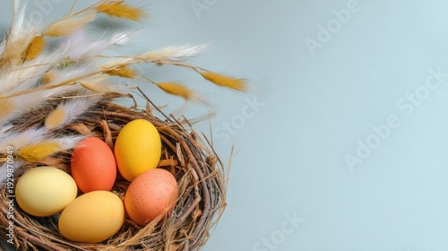 Colorful Easter eggs in a rustic nest with dried grasses on a pastel blue background, copy space on the right.