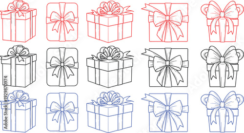 Set of gift box icons with ribbon, present box with bow, different style, vector illustration