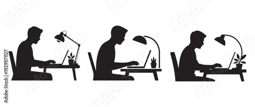 People working on laptops at desks with desk lamps icon silhouettes