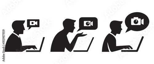 People collaborating on video content using laptops icon silhouettes