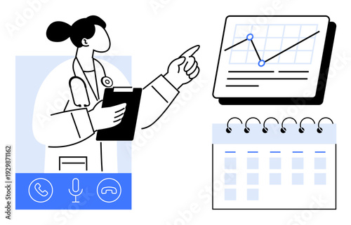 Doctor holding clipboard, interacting with a chart showing data trends. Beside her, a calendar and digital call icons represent online communication. Ideal for telemedicine, healthcare, analytics