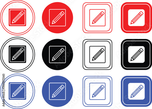 Pencil and notepad icons in red black and blue on transparent background vector