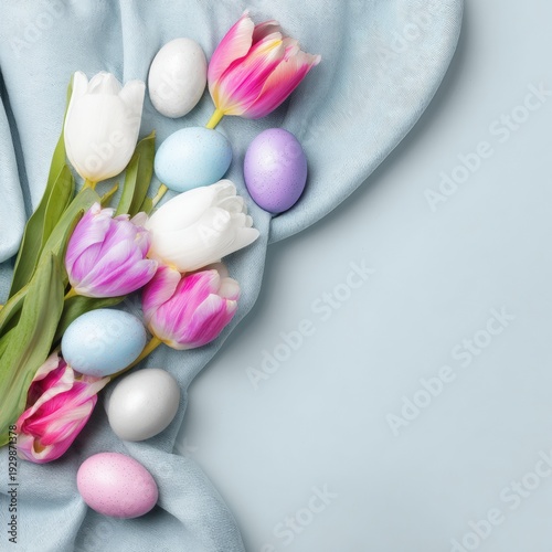 Pastel Easter eggs and pink and white tulips arranged on soft blue fabric with copy space.