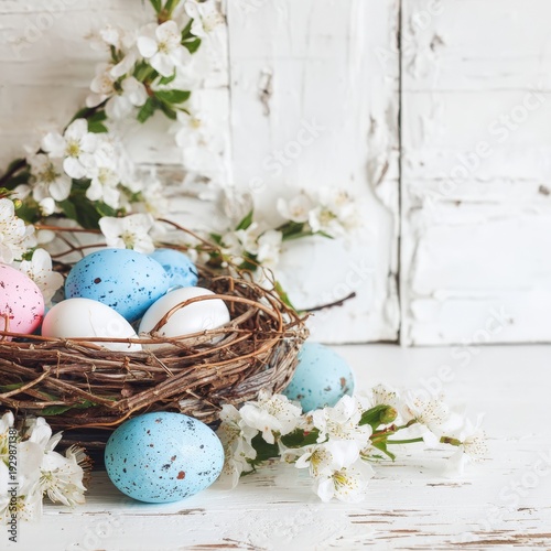 Pastel Easter eggs in a rustic bird nest with white spring blossoms on a shabby chic wooden background.
