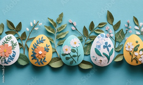 Colorful Easter eggs decorated with floral paper art arranged in a row with leaves on a pastel blue background.