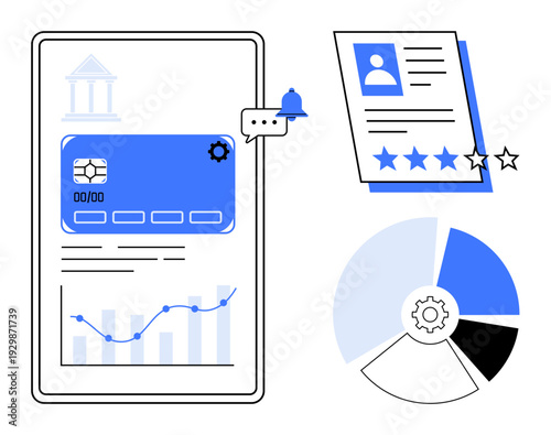 Digital interface with card details, notification, analytics chart, user review form, and pie chart. Ideal for finance, banking, data analysis, user reviews fintech online services simple flat