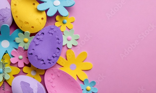 Colorful paper Easter eggs and flowers arranged on a pink background with copy space on the right.