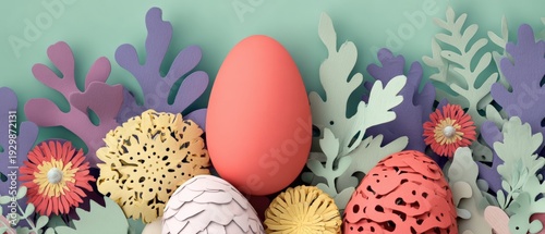 Colorful Easter eggs and paper flowers arranged against a pastel green background in a festive spring composition.