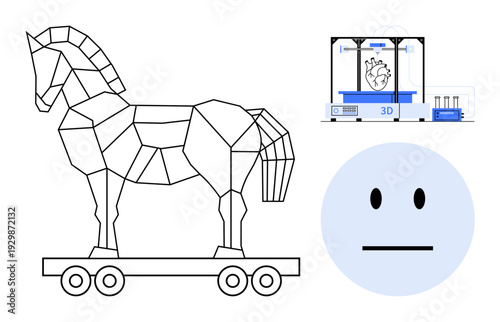 Cybersecurity, online threats, 3D printing, innovation, emotion expression, technology icons. Geometric Trojan horse, 3D printing heart model neutral face symbol. Cybersecurity and online threats