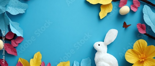 White paper bunny surrounded by colorful paper flowers and leaves on blue background with copy space, spring and Easter holiday concept.