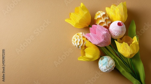 Colorful paper tulip bouquet on a beige background with copy space, showcasing handmade spring floral craft decoration.