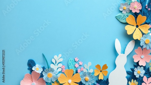 Paper cutout bunny and colorful spring flowers on blue background with copy space.