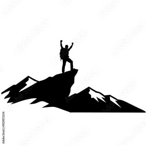 Hiker Celebrating Victory on Mountain Peak Silhouette Vector Illustration