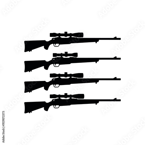 A group of black rifle silhouettes with scopes on a white background