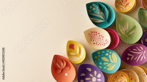 Colorful paper cutout leaves with floral patterns arranged on a light background with copy space.