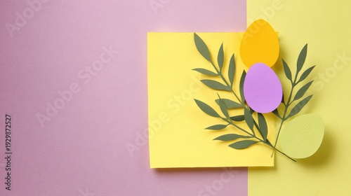 Paper Easter eggs and green leaves on pastel yellow and pink background with copy space.