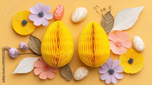 Yellow paper Easter eggs with pastel flowers and decorative eggs arranged on a yellow background in a festive spring composition.