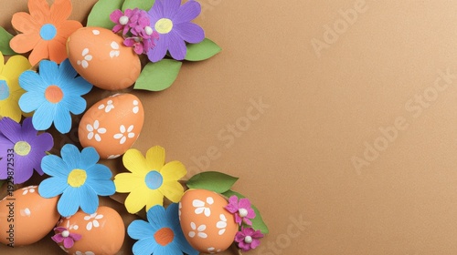 Colorful painted Easter eggs and paper flowers arranged on a brown background with copy space on the right.