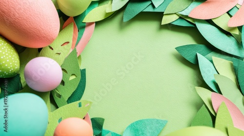 Colorful Easter eggs and paper leaves forming a festive frame on green background with copy space.