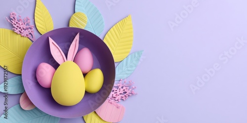 Pastel Easter eggs with bunny ears in a purple bowl on colorful leaves over lilac background, copy space for holiday greeting or seasonal design.