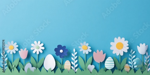 Colorful paper cut flowers and Easter eggs in grass against a bright blue background with copy space.