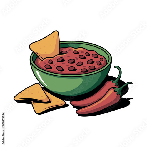 A vibrant illustration of a green bowl filled with bean dip and surrounded by crispy tortilla chips and red chili peppers.