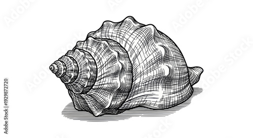 Detailed Ink Drawing of a Seashell on White Background