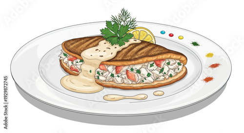 Gourmet Seafood Sandwich with Creamy Sauce and Garnish