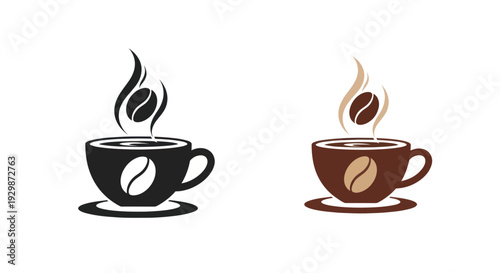 Hot Coffee Cup Icons with Steaming Aroma and Coffee Bean