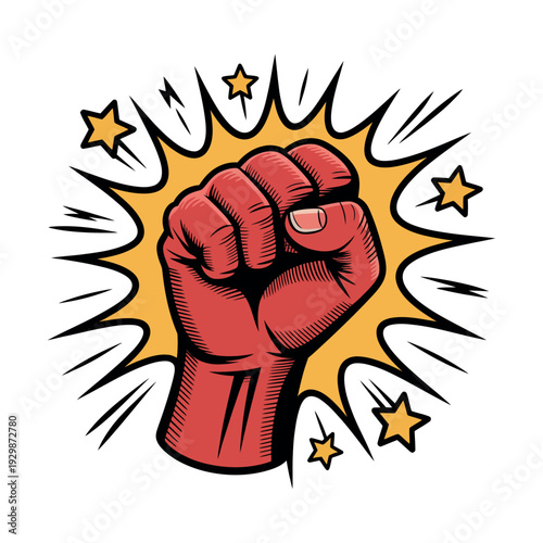 A powerful red fist raised in protest or solidarity with stars and motion lines