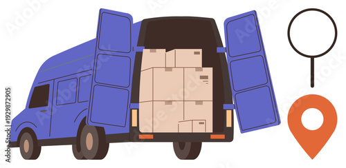 Logistics, delivery services, e-commerce, supply chain, transportation, and package tracking. A delivery truck with open doors revealing boxes, alongside a location pin and magnifying glass