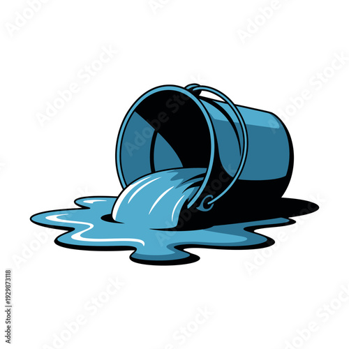 A cartoon blue bucket spills its liquid contents onto the ground.