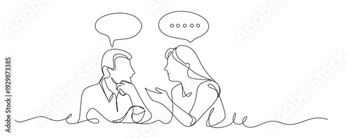 Continuous one lin drawing of two people talking  one person is speaking and the other listening with speech bubbles above their heads