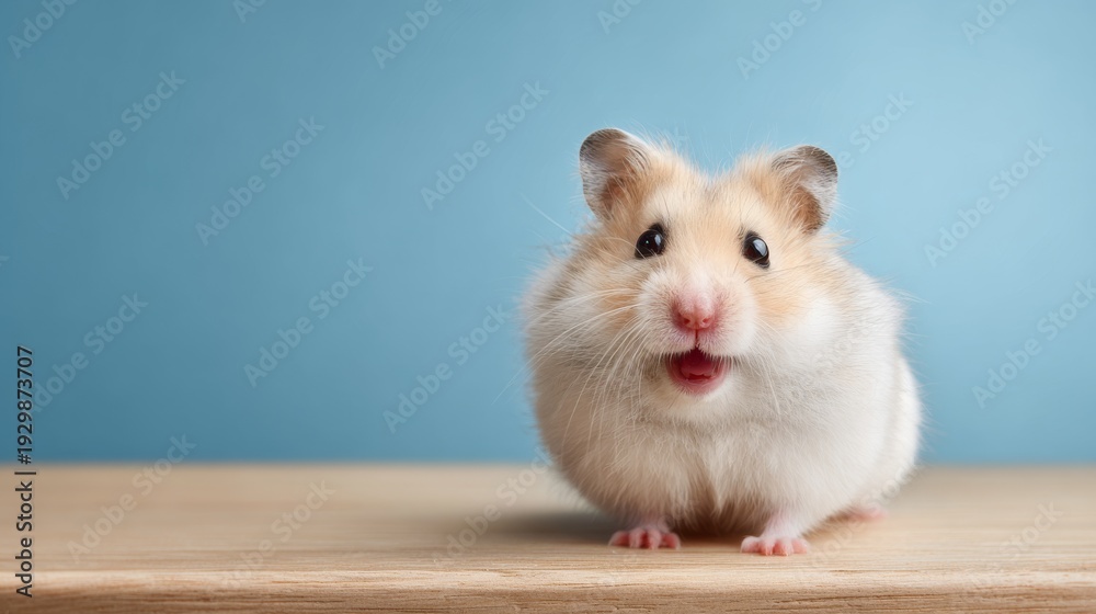 Obraz premium Golden hamster sitting on a light wooden table with a blue background