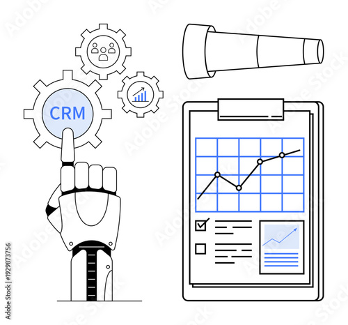 Business automation, customer management, future technology, data analysis, technological integration, strategic planning. Robotic hand pointing at CRM icon with a chart and telescope. Business
