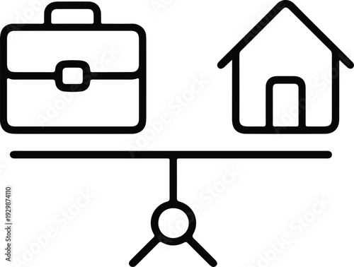 Work life balance concept with briefcase and house on seesaw scale icon