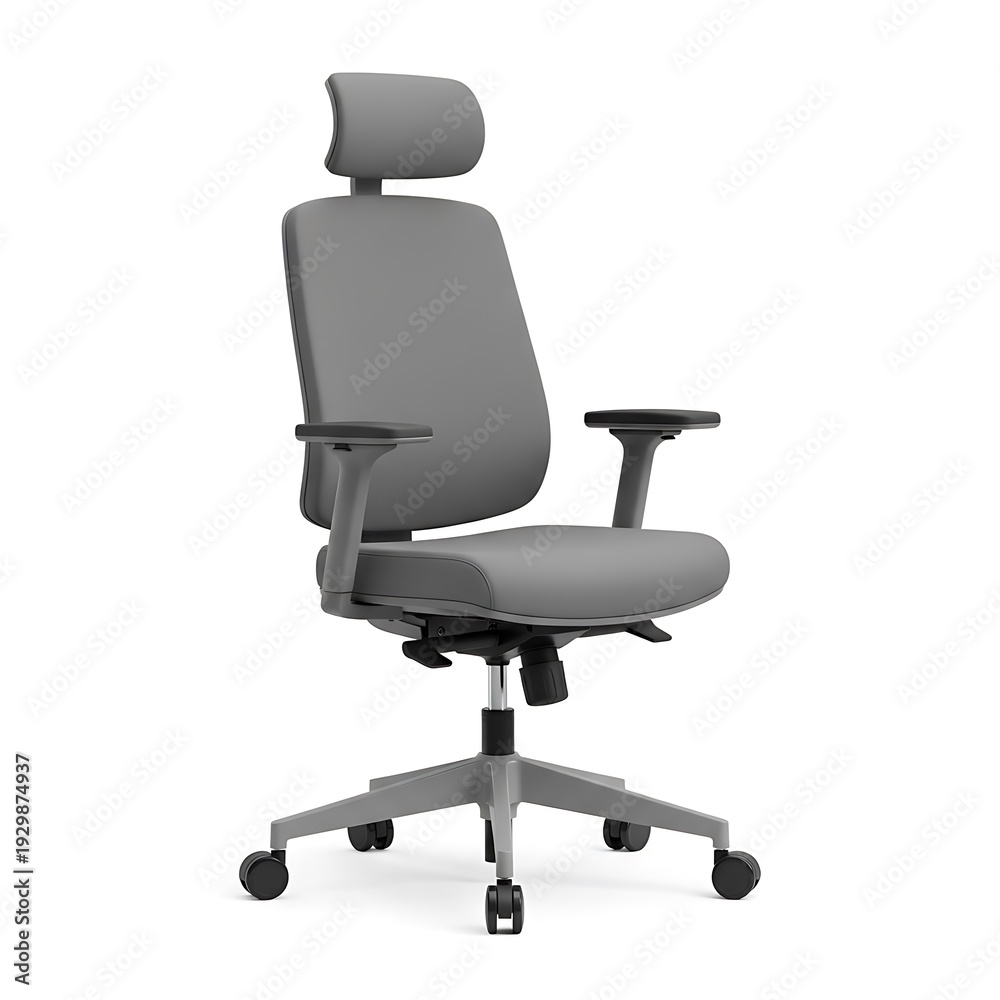 Fototapeta premium Ergonomic gray office chair with adjustable headrest and armrests for comfortable working experience