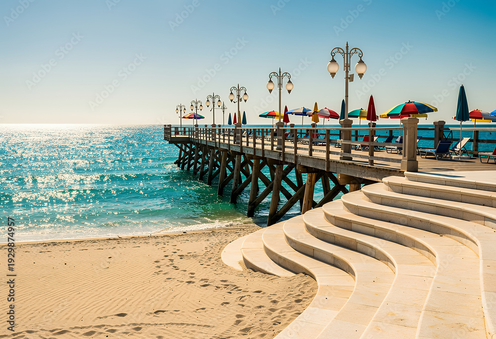 Obraz premium Beach pier on sunny seaside with umbrellas and blue water