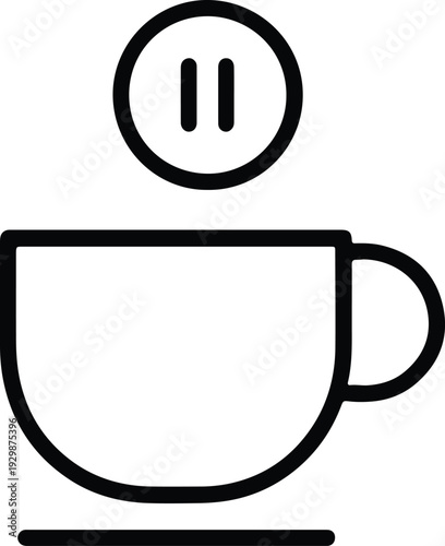 Coffee break icon with pause symbol above cup, simple line art for relaxation, rest, or temporary stop in work or activity