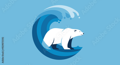 Polar bear riding a wave in the ocean viewed from the side in an illustration